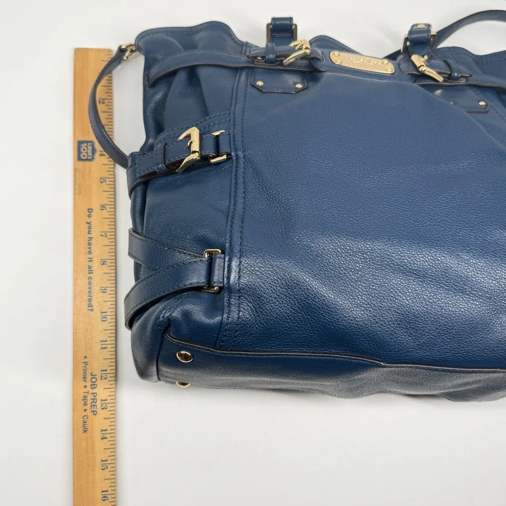 Michael Kors Gansevoort Tote Blue Leather Magnetic Snap Dual Handle Medium Bag